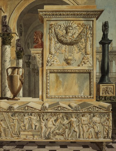 A Classical Capriccio with a Sarcophagus, design for a title page from 